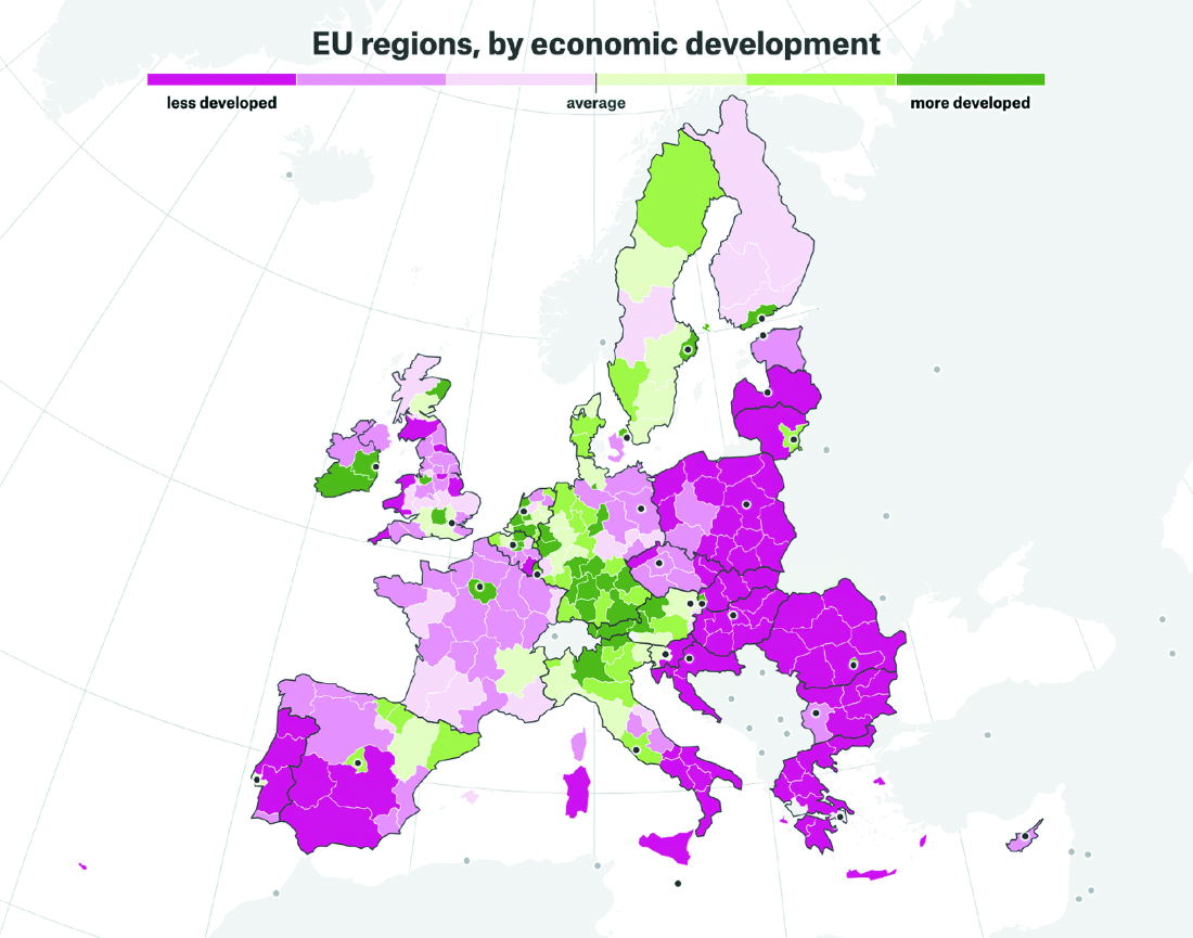 Figure 1.1 D3 developers have access to a wide range of data representations, such as maps. Here’s an example by Maarten Lambrechts (https://pudding.cool/2019/04/eu-regions/).